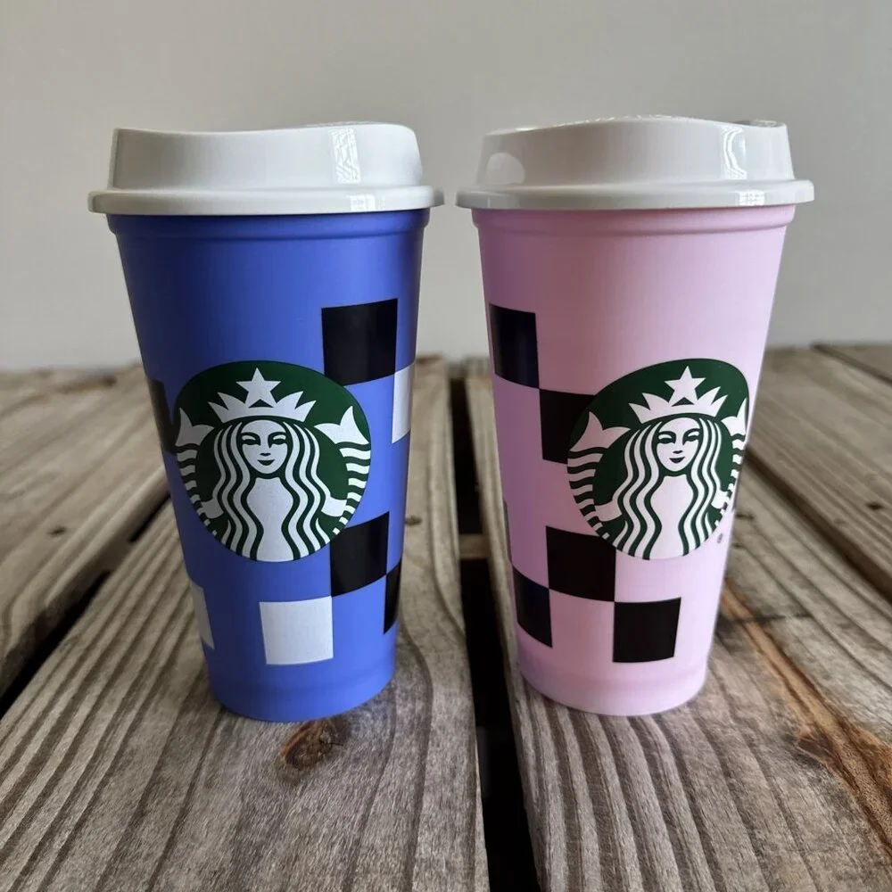 Lot of 2 Starbucks‎ 16 ounce Reusable Coffee Cups Blocks Geometric